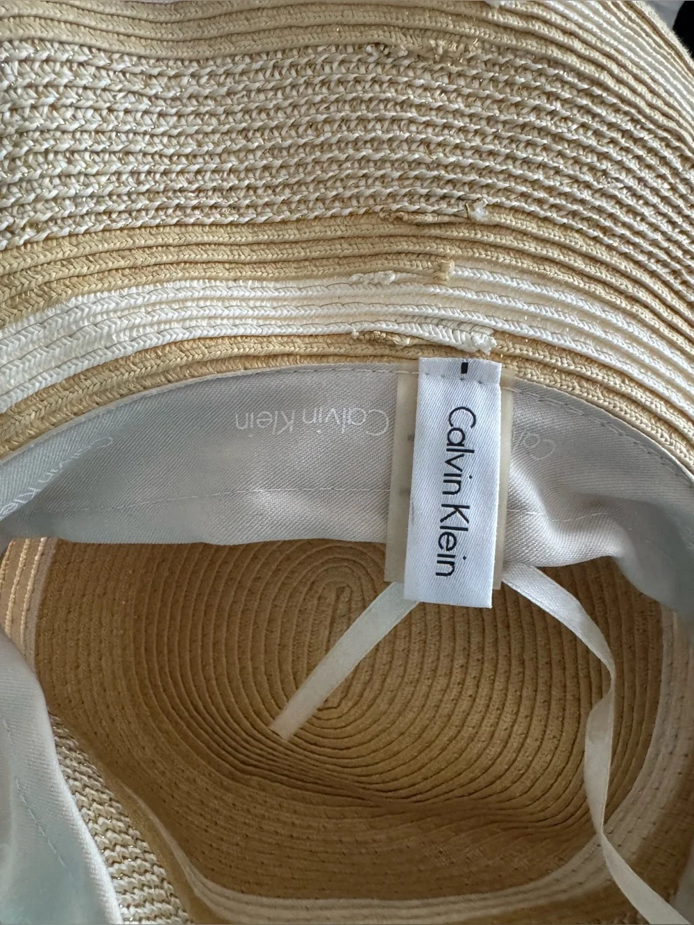 Calvin Klein Light Tan Yellow Straw Floppy Sun Hat White Stripes